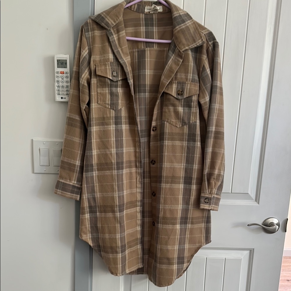 Brown Plaid Longline Shirt Jacket
